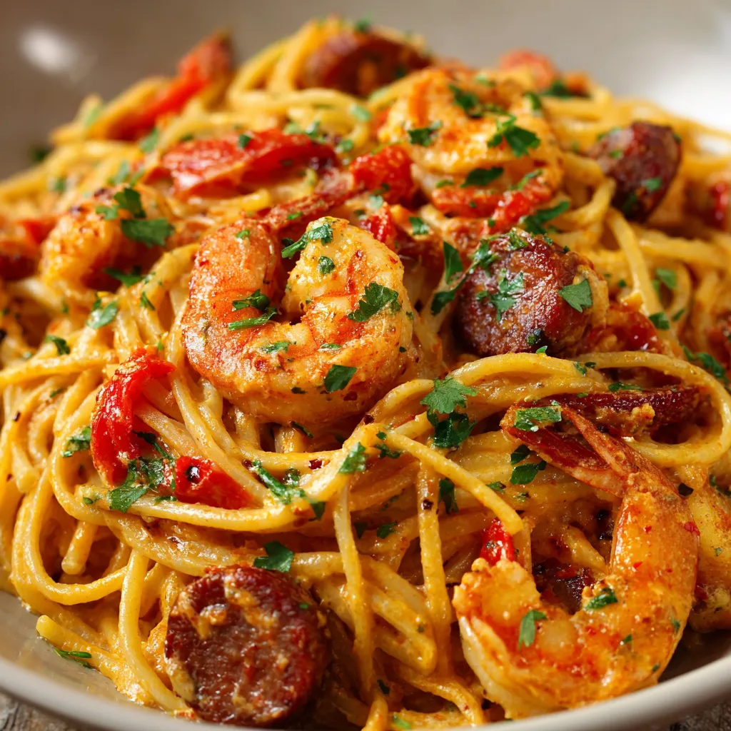 Spaghetti en sauce crémeuse aux poivrons, garnis de chorizo croustillant, bœuf haché et crevettes.