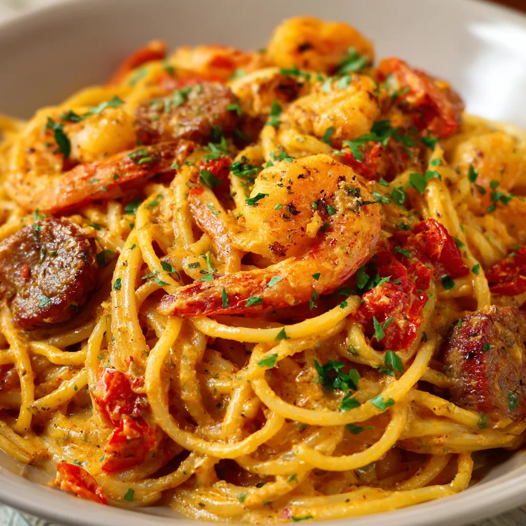 Spaghetti en sauce crémeuse aux poivrons, garnis de chorizo croustillant, bœuf haché et crevettes.