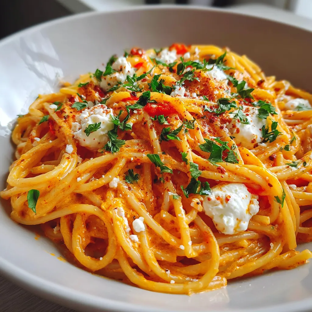 Assiette de spaghetti à la crème de poivron rouge et mozzarella fondante, servie avec basilic frais