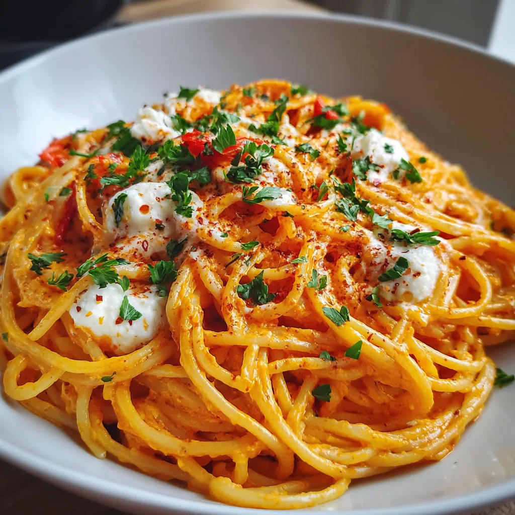Assiette de spaghetti à la crème de poivron rouge et mozzarella fondante, servie avec basilic frais