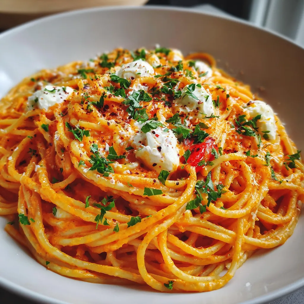 Assiette de spaghetti à la crème de poivron rouge et mozzarella fondante, servie avec basilic frais