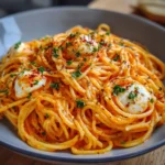 Assiette de spaghetti à la crème de poivron rouge et mozzarella fondante, servie avec basilic frais