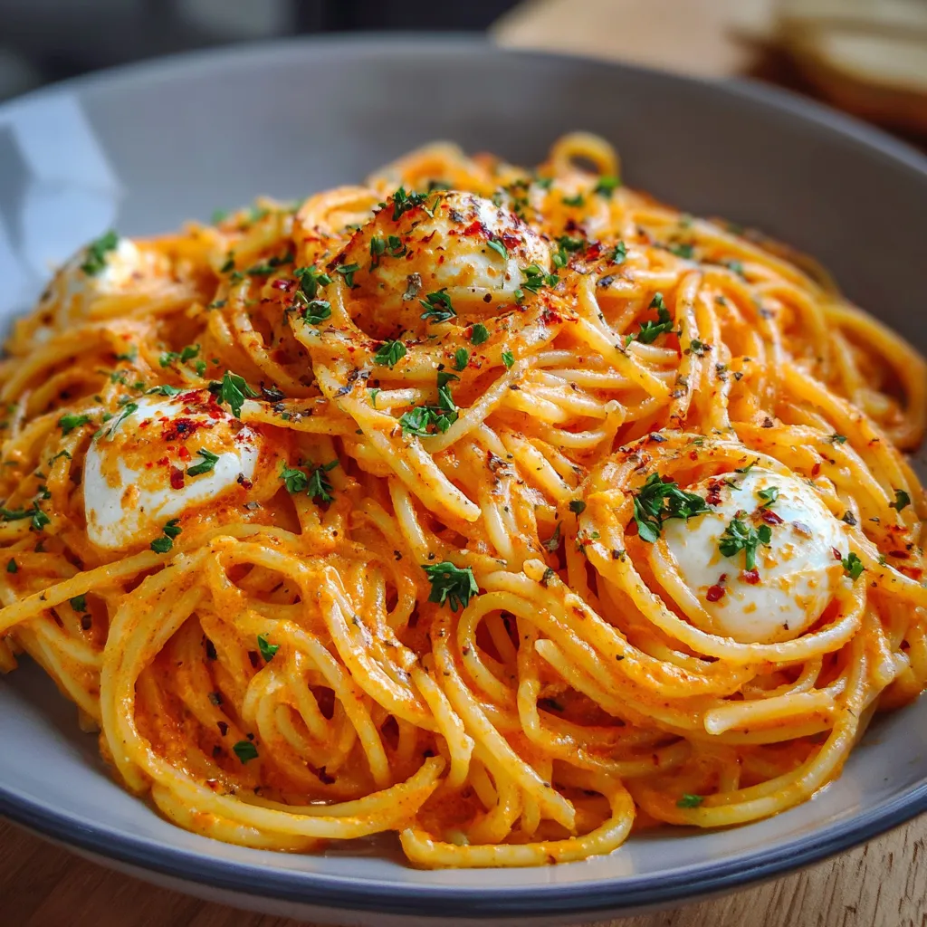 Assiette de spaghetti à la crème de poivron rouge et mozzarella fondante, servie avec basilic frais