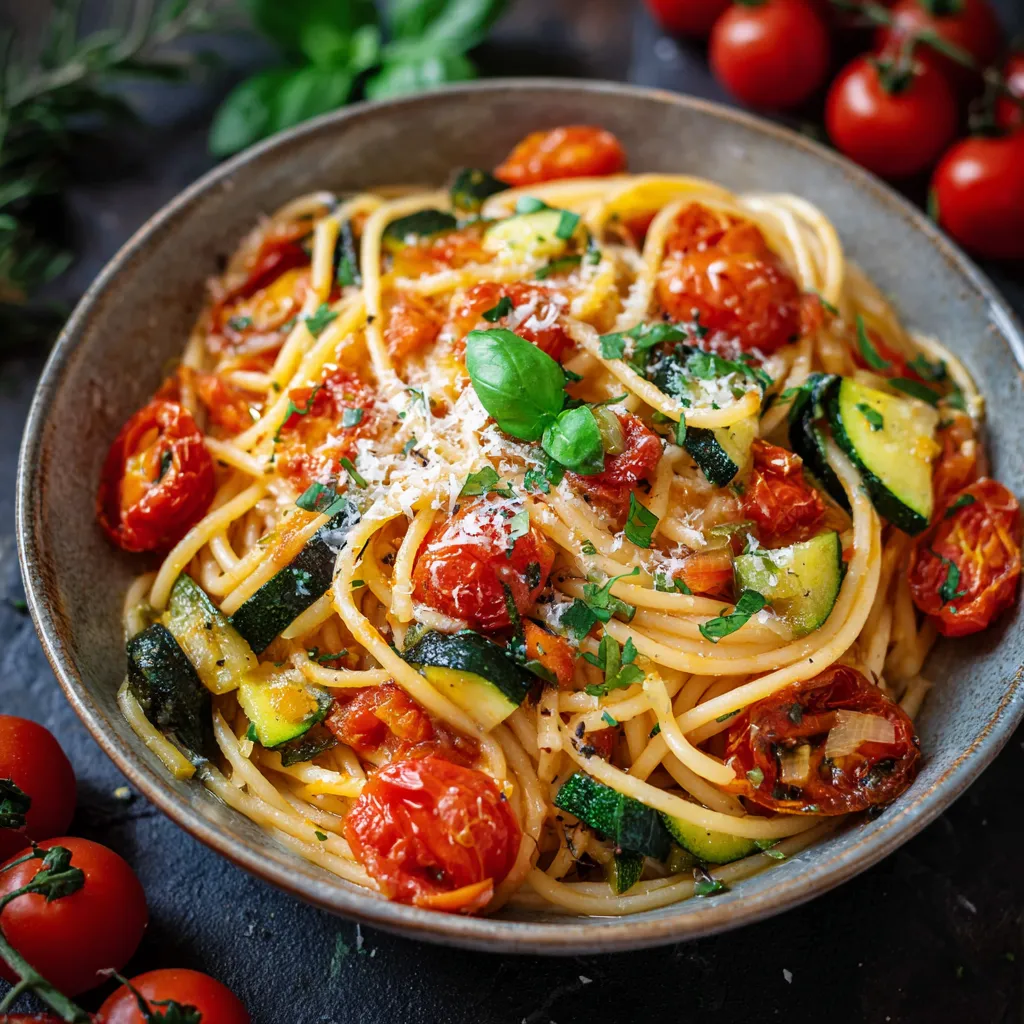 Spaghettis aux tomates, courgettes et parmesan dans une assiette blanche