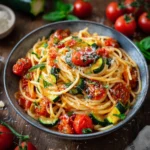 Spaghettis aux tomates, courgettes et parmesan dans une assiette blanche