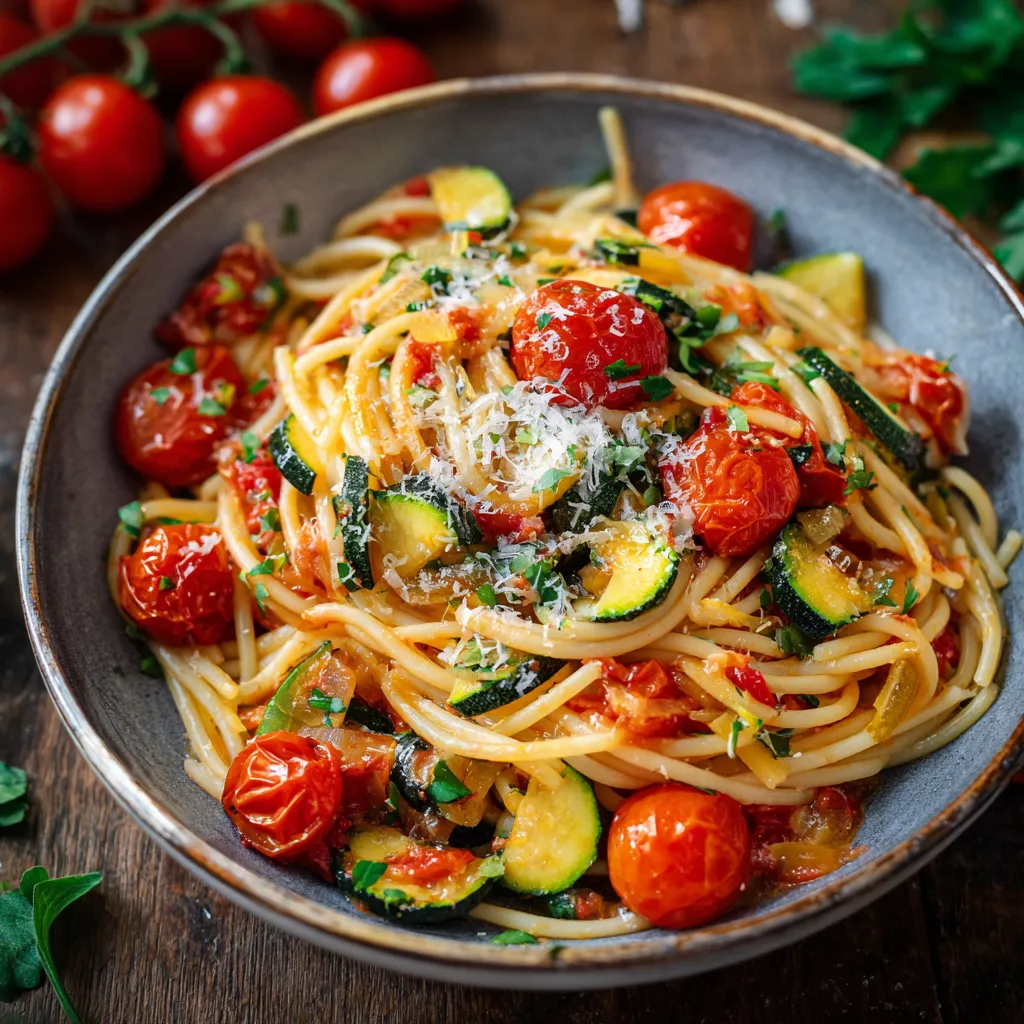 Spaghettis aux tomates, courgettes et parmesan dans une assiette blanche