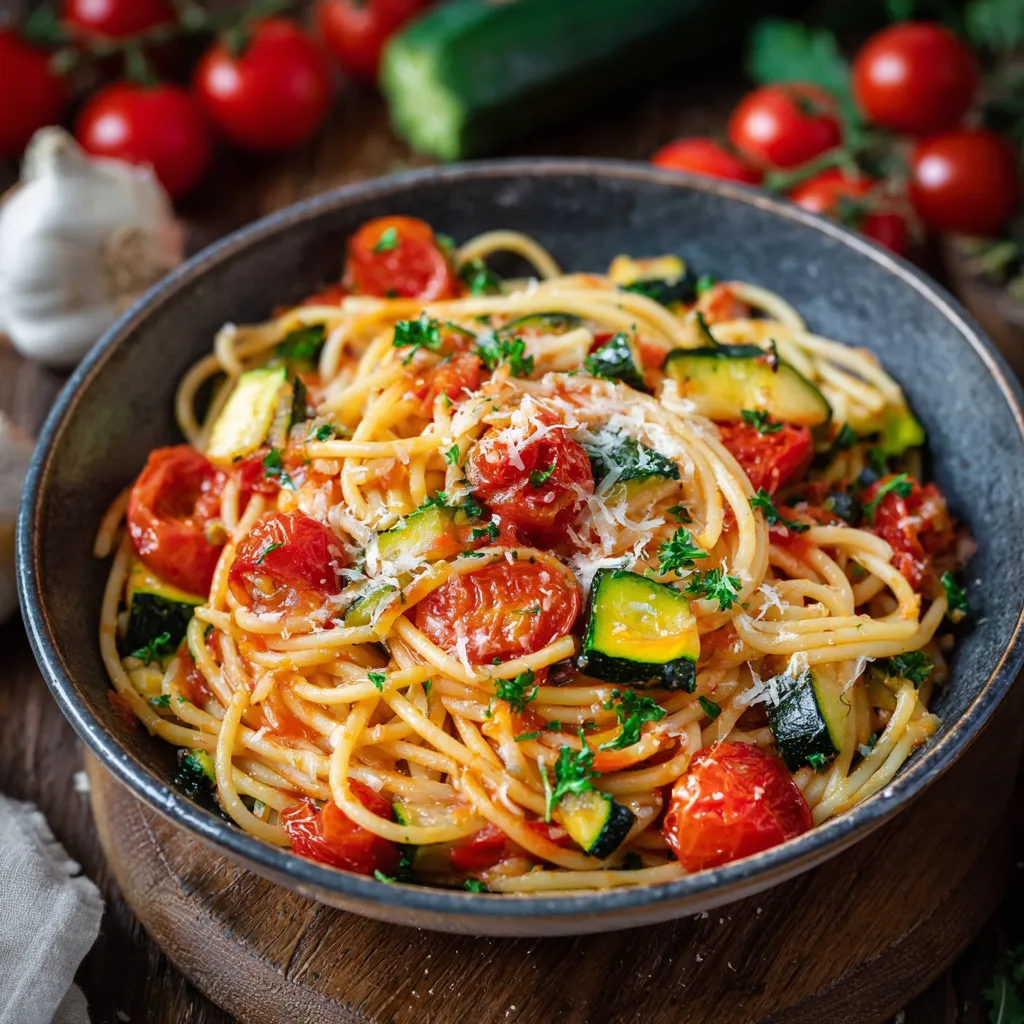 Spaghettis aux tomates, courgettes et parmesan dans une assiette blanche