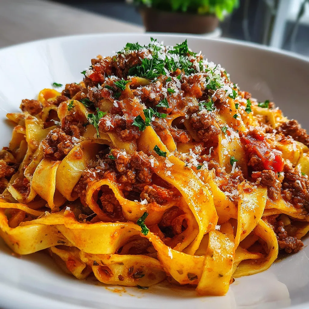 Tagliatelles à la sauce tomate et viande hachée servies dans une assiette blanche, garnies de basilic frais et parmesan râpé