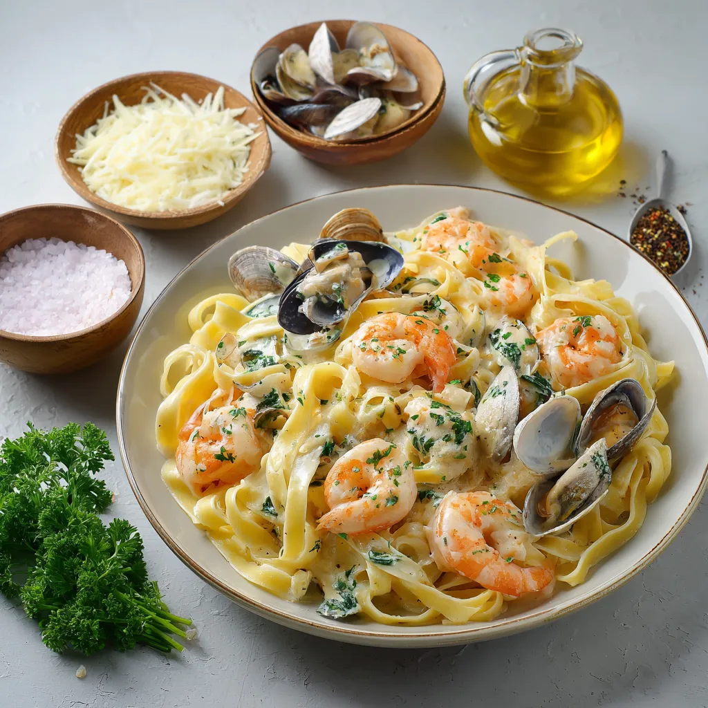 Tagliatelles aux fruits de mer gourmandes dans une assiette blanche, garnies de persil frais"