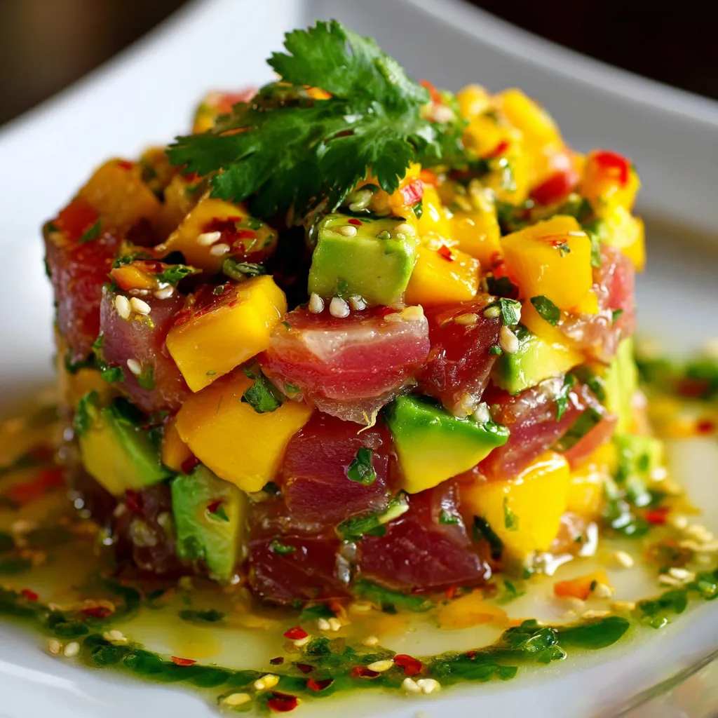 Tartare de thon à la mangue et avocat servi avec herbes fraîches sur une assiette blanche