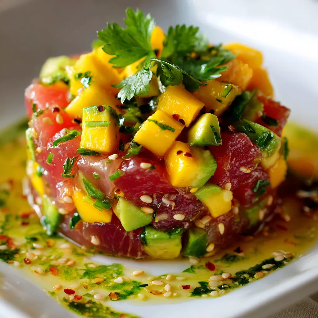 Tartare de thon à la mangue et avocat servi avec herbes fraîches sur une assiette blanche