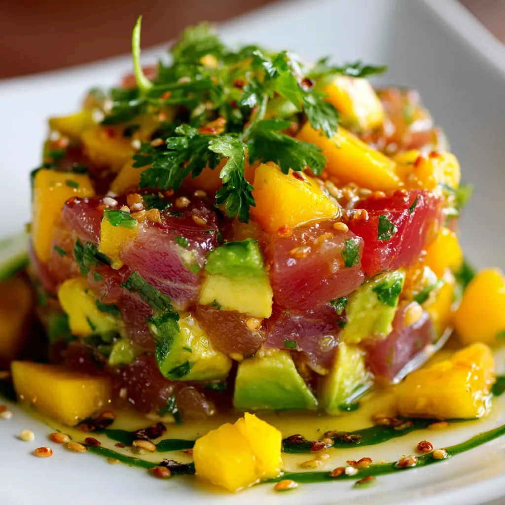 Tartare de thon à la mangue et avocat servi avec herbes fraîches sur une assiette blanche