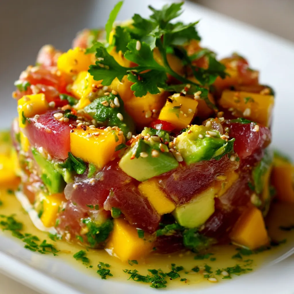 Tartare de thon à la mangue et avocat servi avec herbes fraîches sur une assiette blanche
