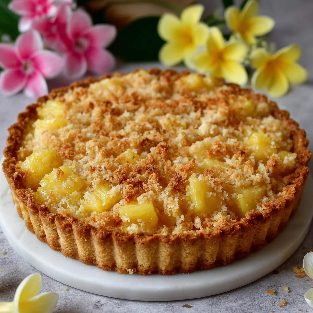 Tarte crumble à l’ananas et à la noix de coco dorée sortie du four