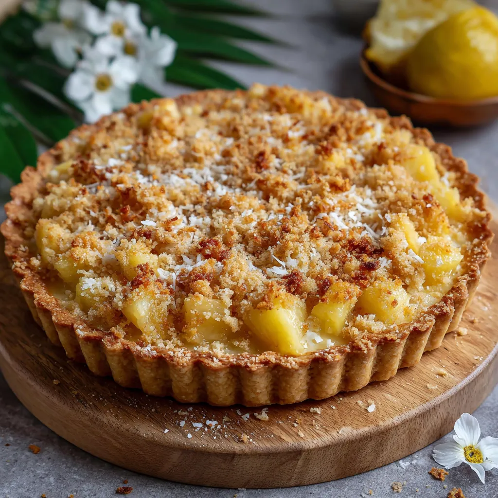 Tarte crumble à l’ananas et à la noix de coco dorée sortie du four