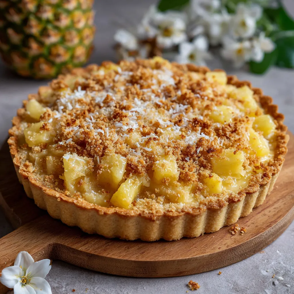 Tarte crumble à l’ananas et à la noix de coco dorée sortie du four