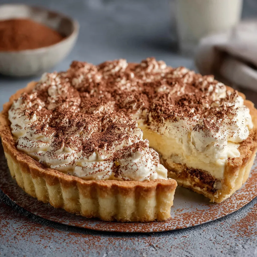 Tarte tiramisu crémeuse sur une assiette avec cacao saupoudré et copeaux de chocolat noir