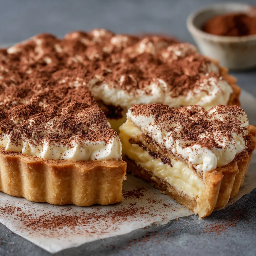 Tarte tiramisu crémeuse sur une assiette avec cacao saupoudré et copeaux de chocolat noir