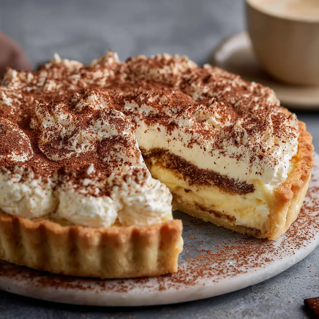 Tarte tiramisu crémeuse sur une assiette avec cacao saupoudré et copeaux de chocolat noir