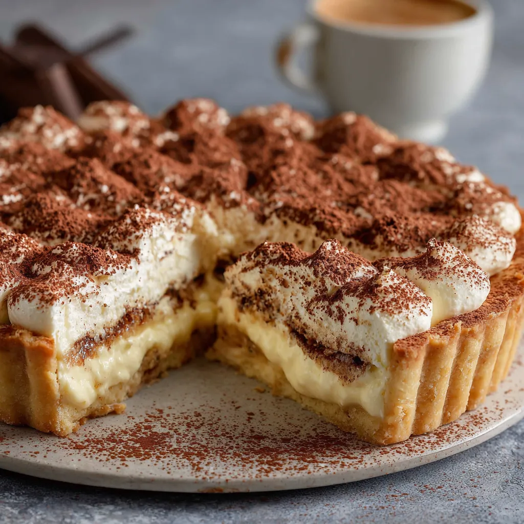Tarte tiramisu crémeuse sur une assiette avec cacao saupoudré et copeaux de chocolat noir