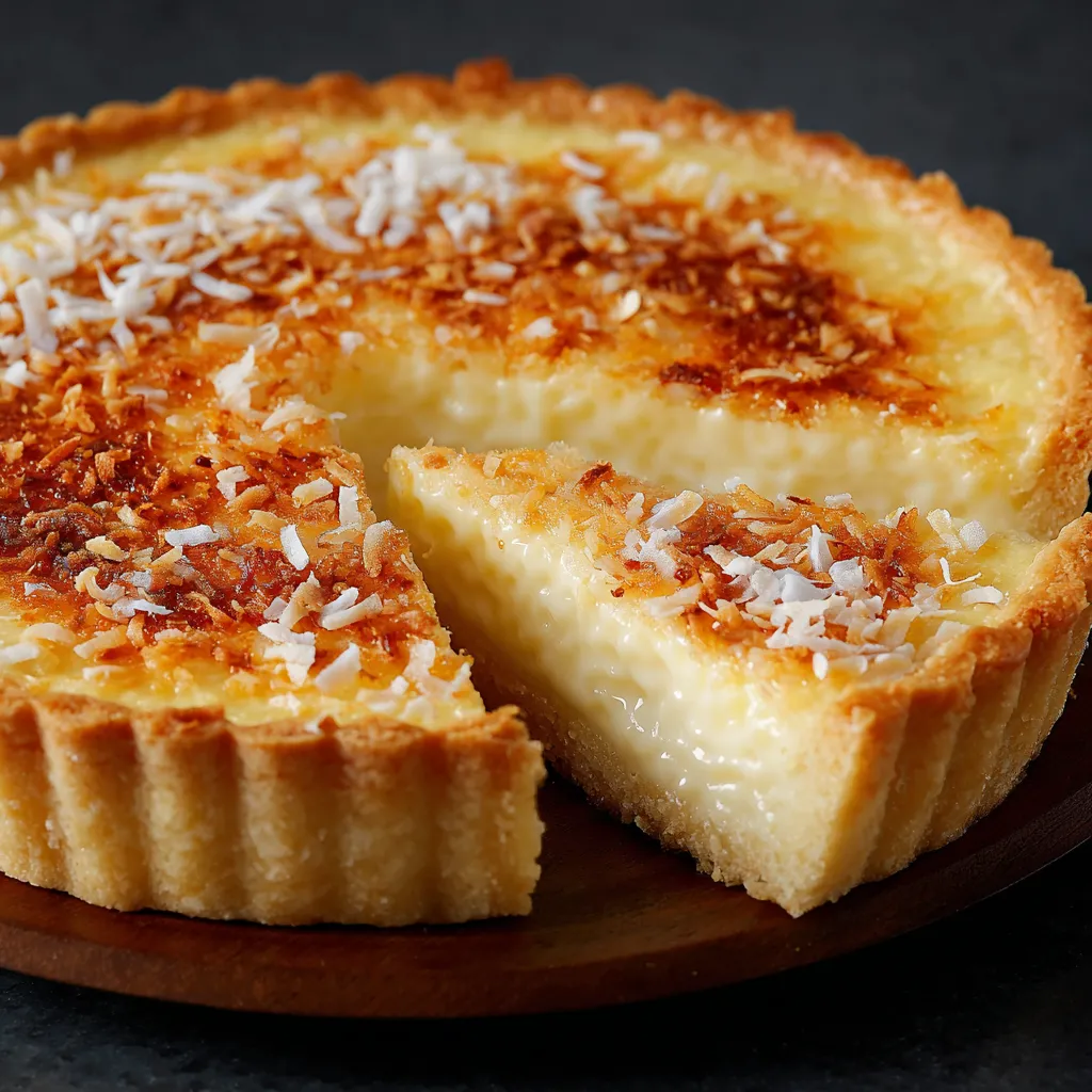 Tarte à la crème pâtissière à la noix de coco dorée et fondante, servie fraîche