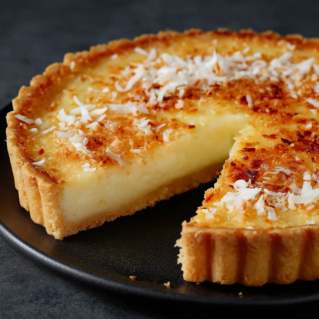 Tarte à la crème pâtissière à la noix de coco dorée et fondante, servie fraîche