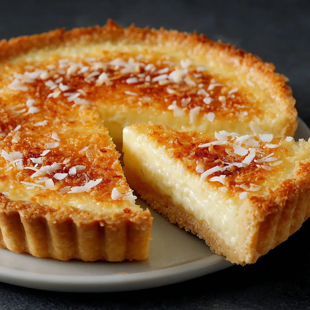 Tarte à la crème pâtissière à la noix de coco dorée et fondante, servie fraîche