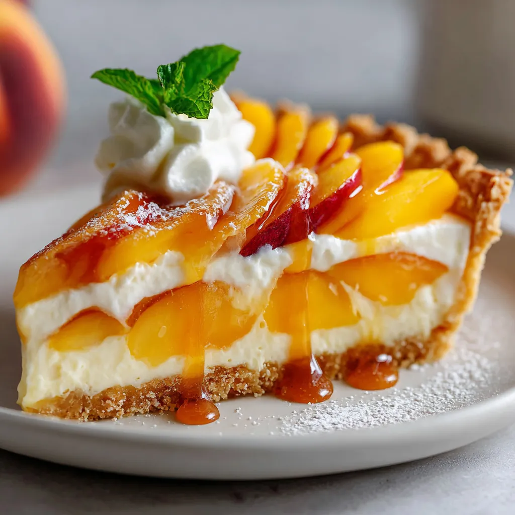 Tarte au mascarpone et à la pêche dorée avec pêches disposées en rosace et nappée de gelée brillante