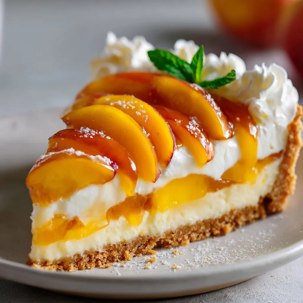 Tarte au mascarpone et à la pêche dorée avec pêches disposées en rosace et nappée de gelée brillante