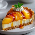 Tarte au mascarpone et à la pêche dorée avec pêches disposées en rosace et nappée de gelée brillante