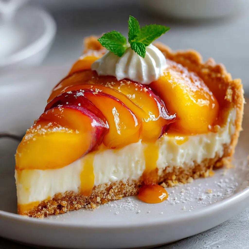 Tarte au mascarpone et à la pêche dorée avec pêches disposées en rosace et nappée de gelée brillante