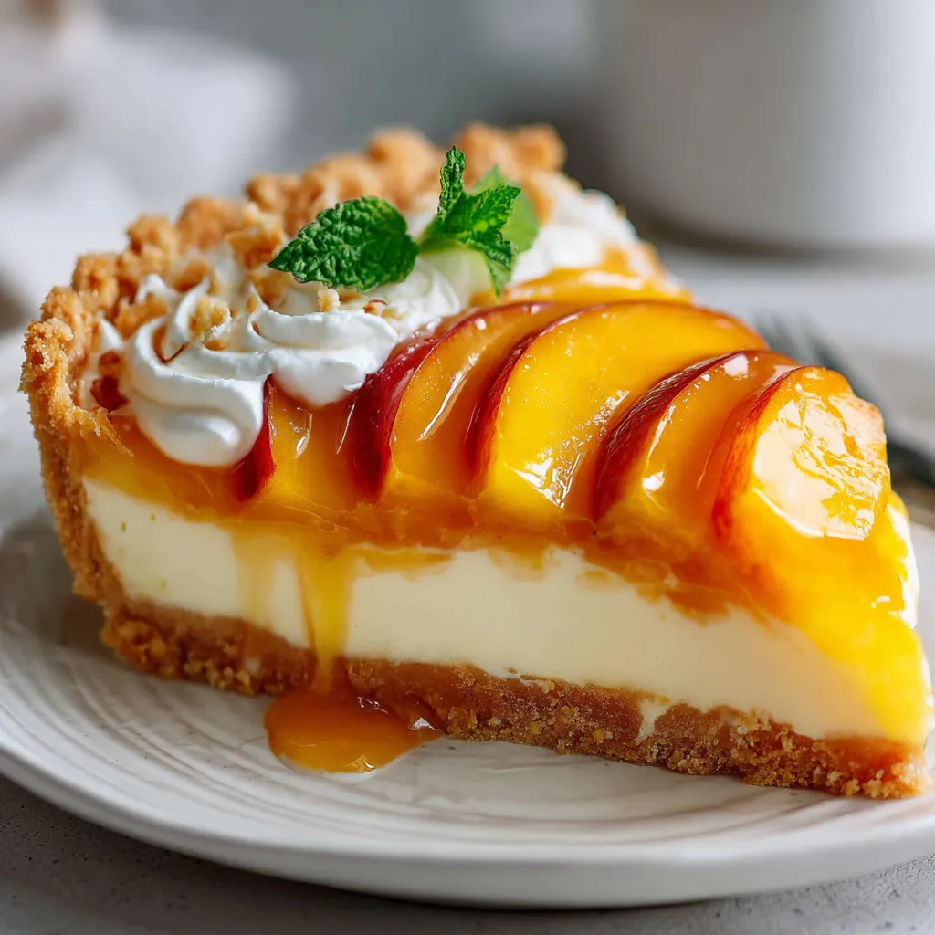 Tarte au mascarpone et à la pêche dorée avec pêches disposées en rosace et nappée de gelée brillante