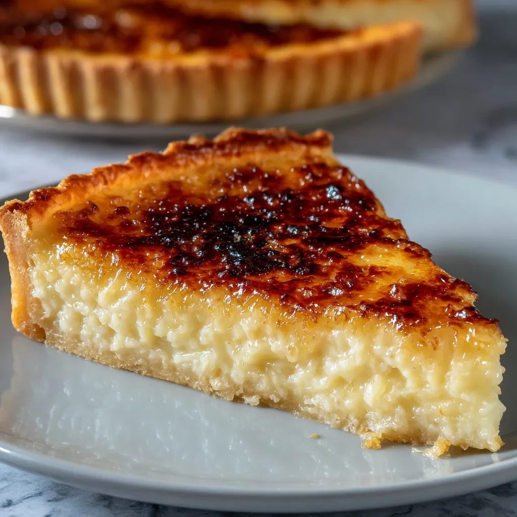 Part de tarte au riz de Verviers sur assiette, dorée et crémeuse, avec fond de pâte croustillante
