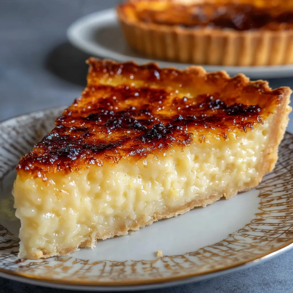 Part de tarte au riz de Verviers sur assiette, dorée et crémeuse, avec fond de pâte croustillante