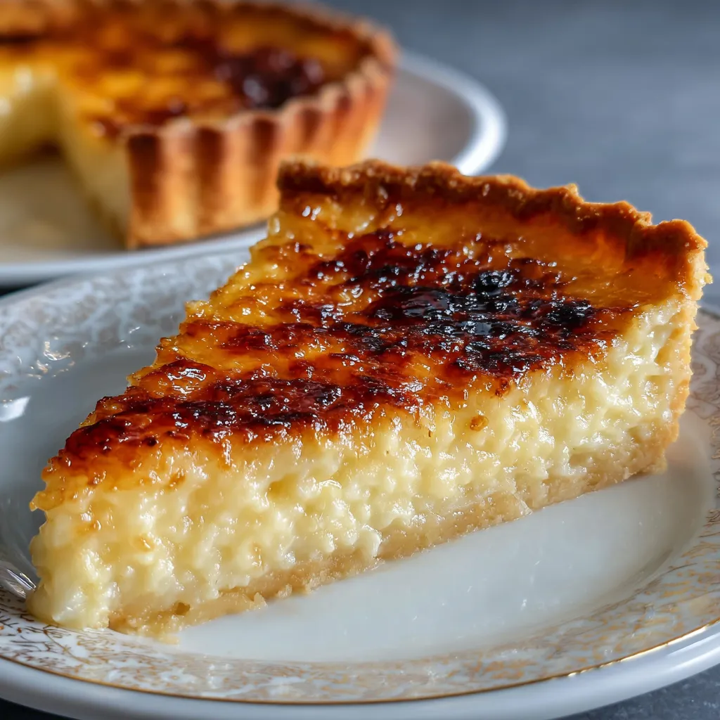 Part de tarte au riz de Verviers sur assiette, dorée et crémeuse, avec fond de pâte croustillante