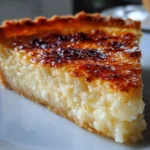 Part de tarte au riz de Verviers sur assiette, dorée et crémeuse, avec fond de pâte croustillante