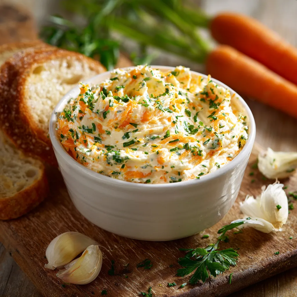Bol de tartinade aux carottes et fromage frais, sur une table avec pain grillé et crudités