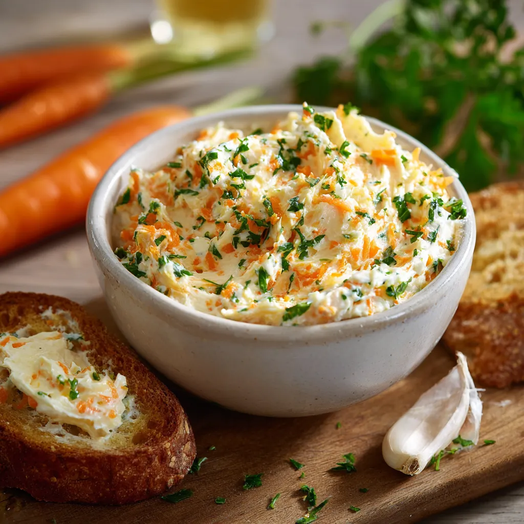 Bol de tartinade aux carottes et fromage frais, sur une table avec pain grillé et crudités