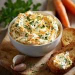 Bol de tartinade aux carottes et fromage frais, sur une table avec pain grillé et crudités