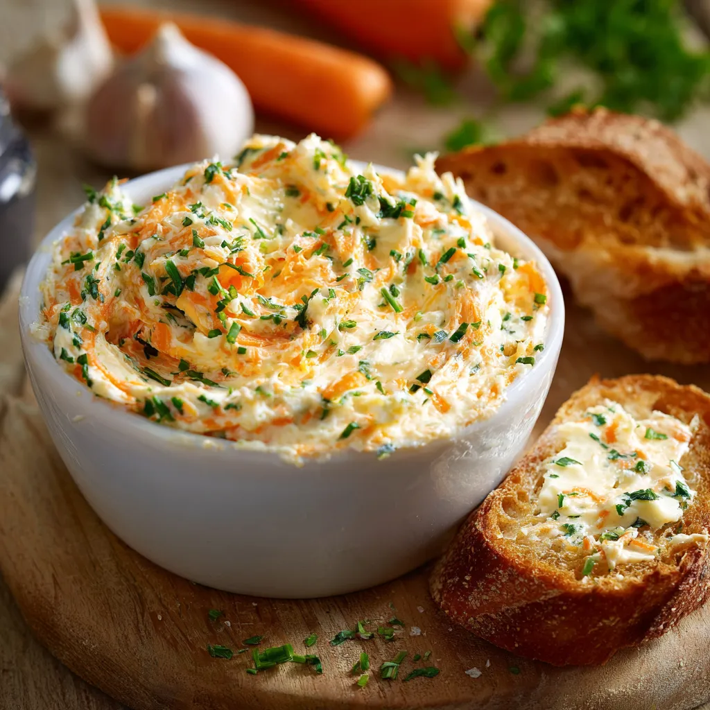 Bol de tartinade aux carottes et fromage frais, sur une table avec pain grillé et crudités