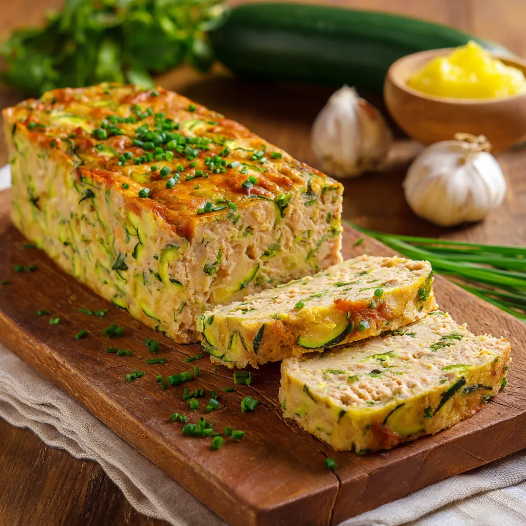Terrine de courgettes au thon découpée en tranches servie froide avec herbes fraîches et tomates cerises