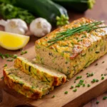 Terrine de courgettes au thon découpée en tranches servie froide avec herbes fraîches et tomates cerises