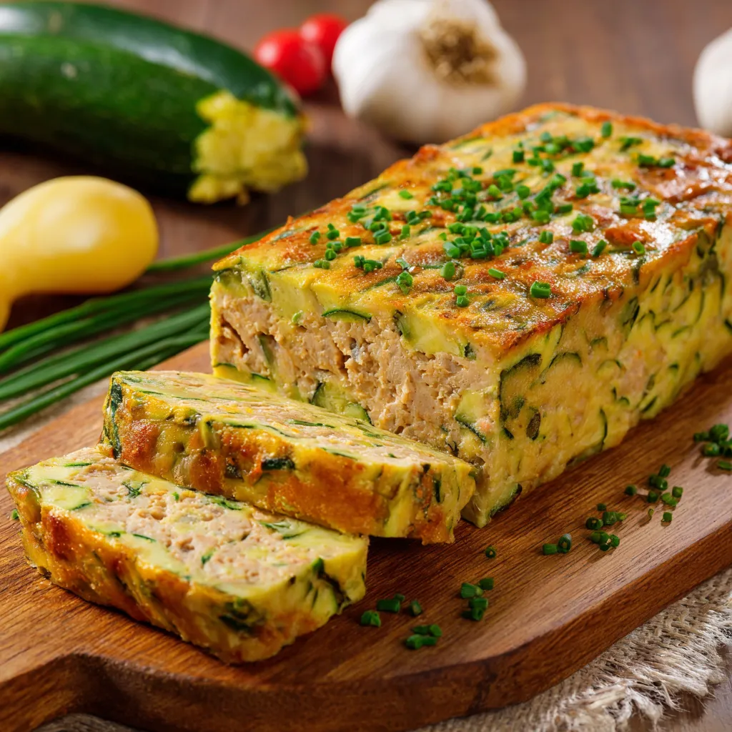 Terrine de courgettes au thon découpée en tranches servie froide avec herbes fraîches et tomates cerises