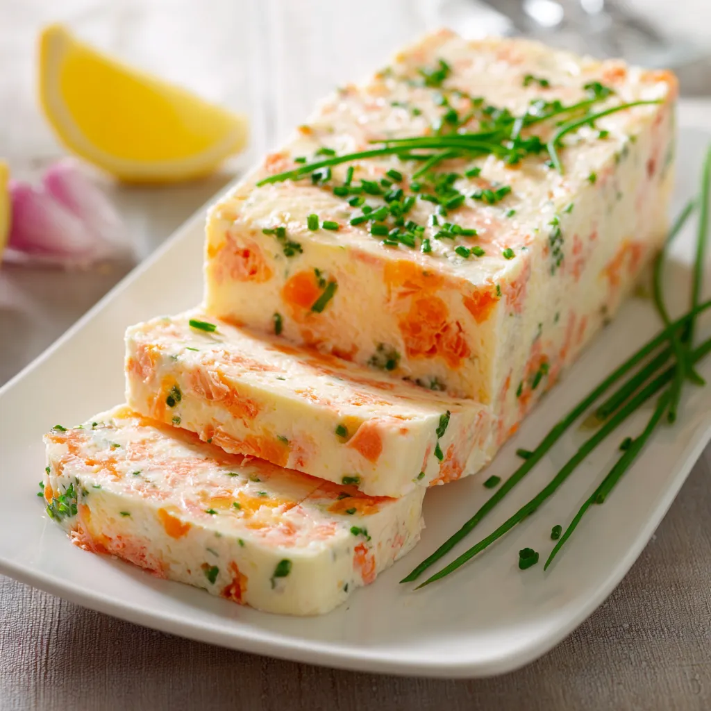 Terrine de surimi fraîchement démoulée, servie en tranches sur une assiette avec citron et herbes fraîches