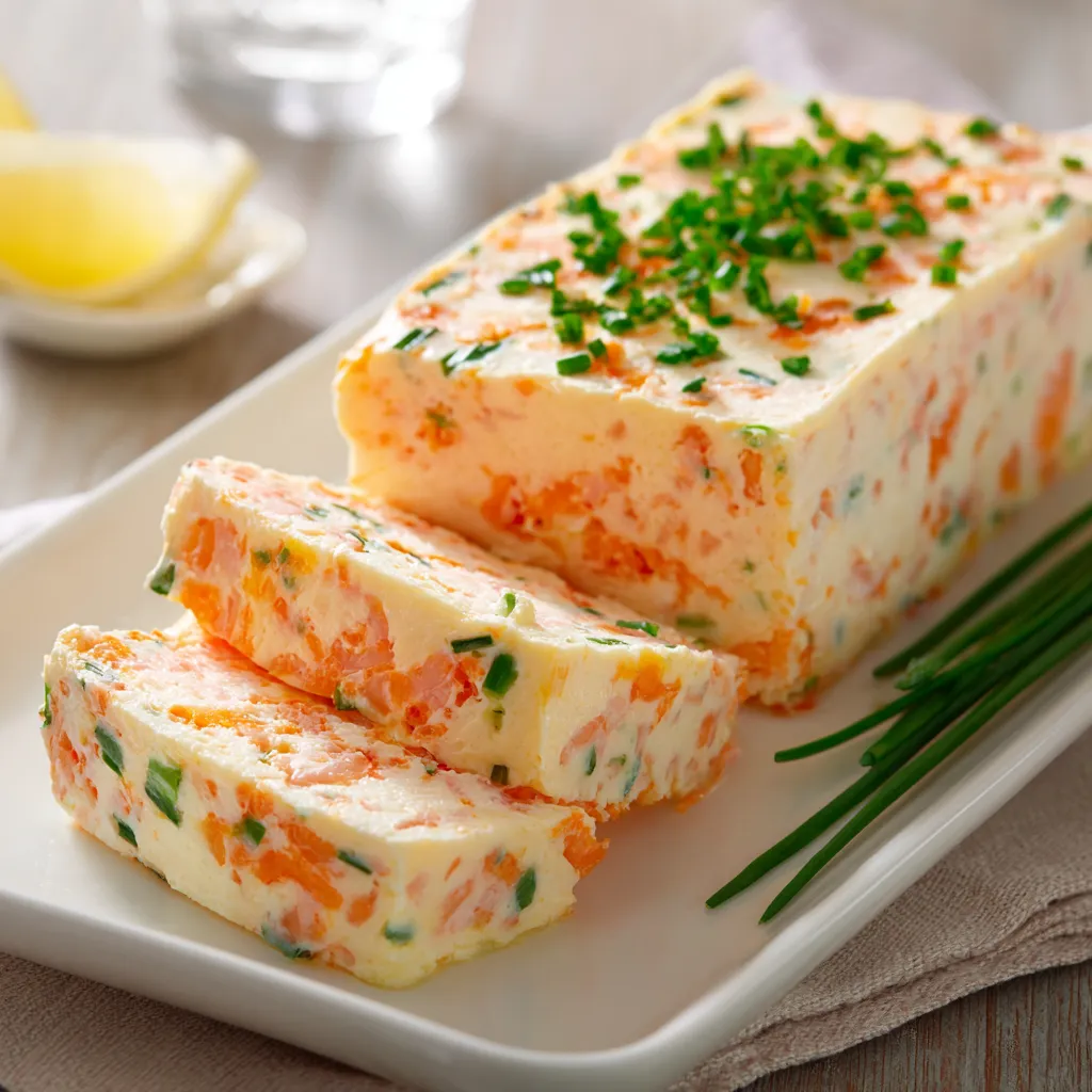 Terrine de surimi fraîchement démoulée, servie en tranches sur une assiette avec citron et herbes fraîches