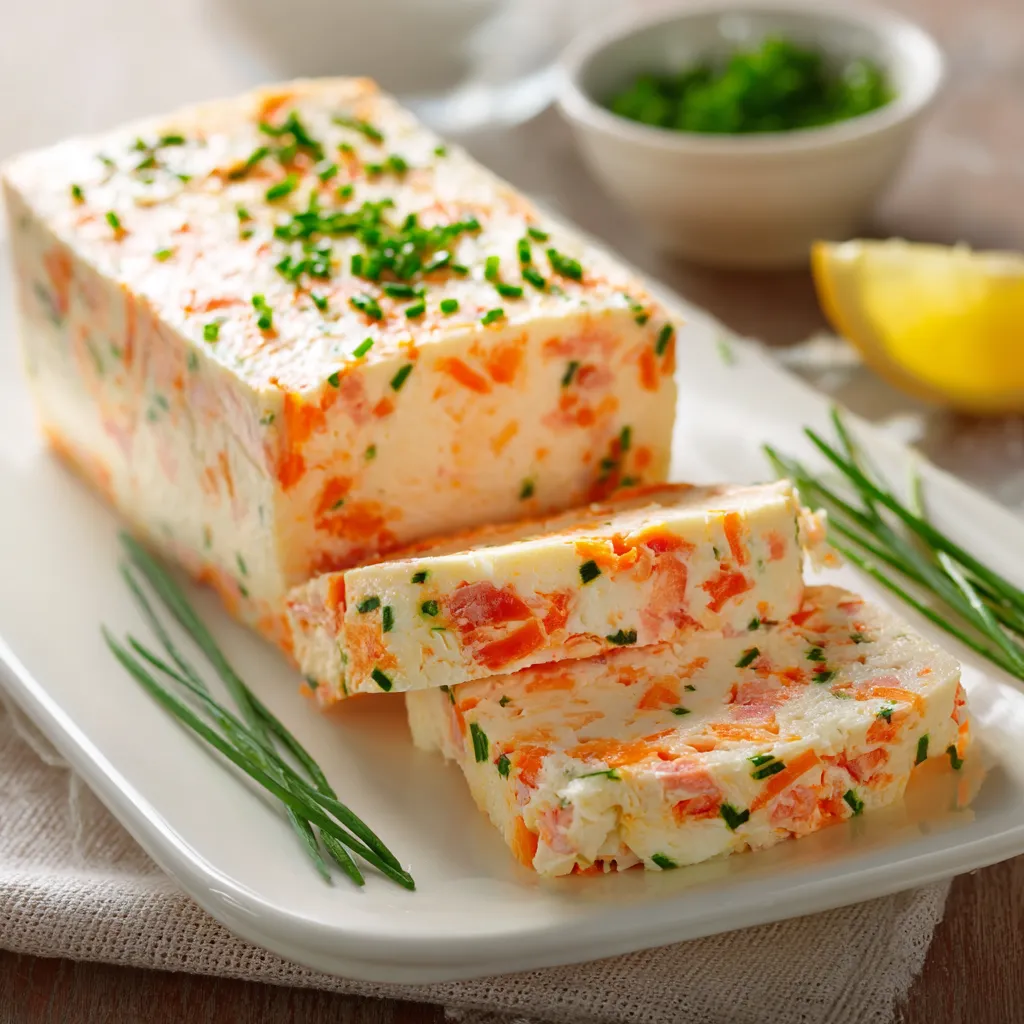 Terrine de surimi fraîchement démoulée, servie en tranches sur une assiette avec citron et herbes fraîches