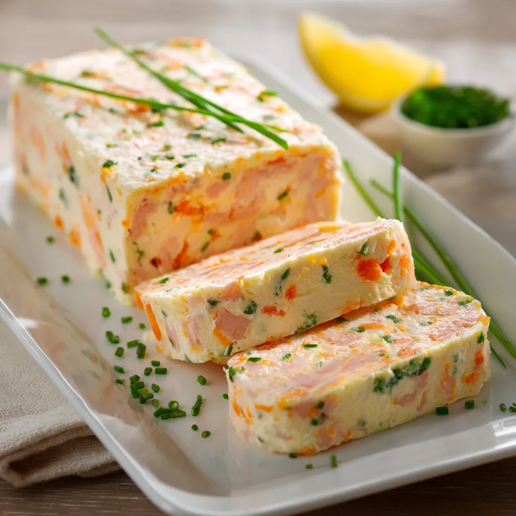 Terrine de surimi fraîchement démoulée, servie en tranches sur une assiette avec citron et herbes fraîches