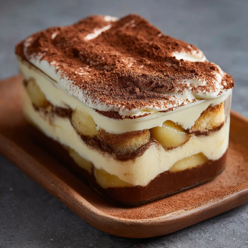 Tiramisu chocolat et poires en verrine, décoré de cacao en poudre et copeaux de chocolat.