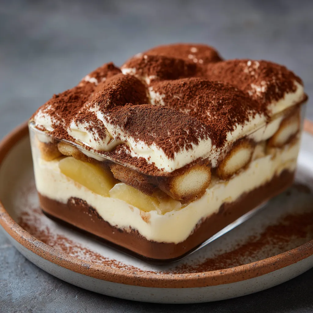 Tiramisu chocolat et poires en verrine, décoré de cacao en poudre et copeaux de chocolat.