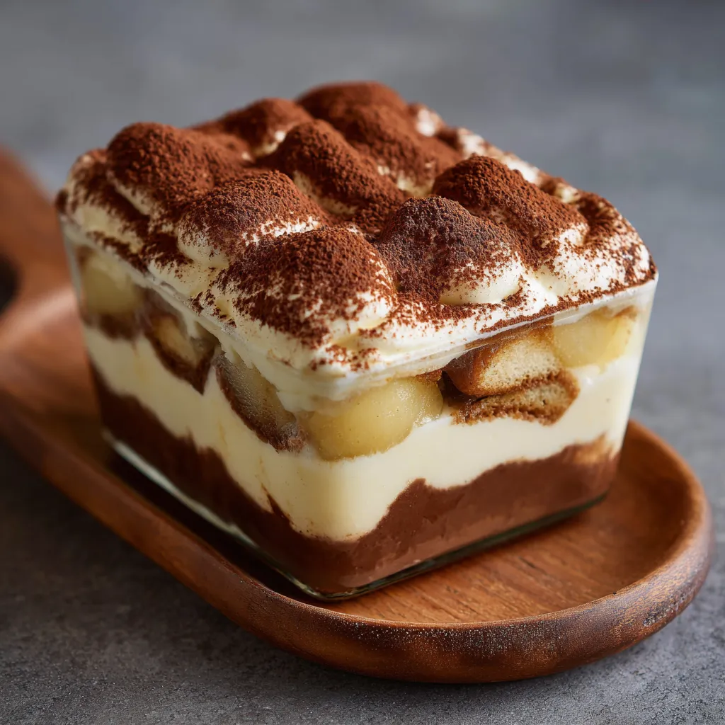 Tiramisu chocolat et poires en verrine, décoré de cacao en poudre et copeaux de chocolat.